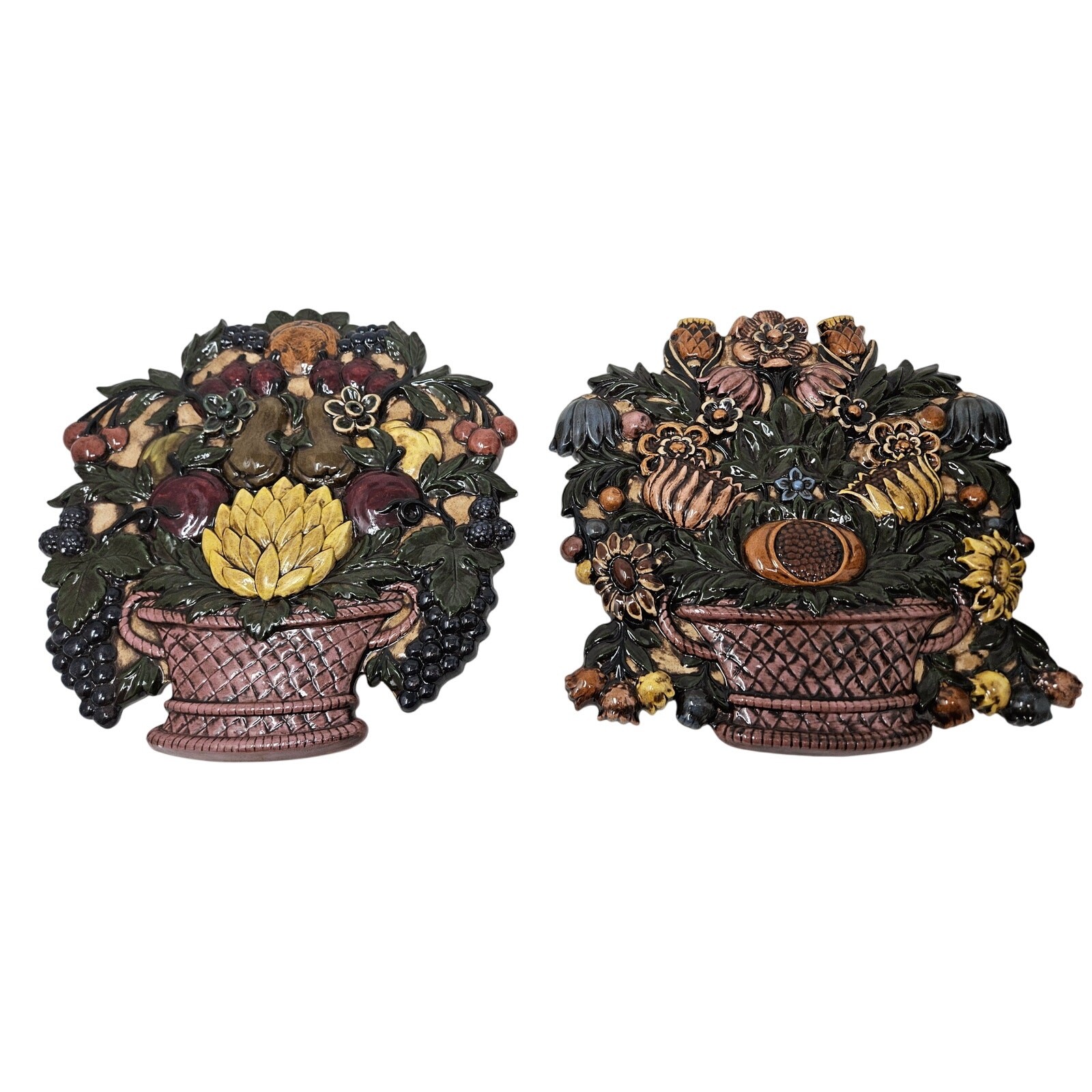 2 Vintage 70s Cornicopia Syroco Fruit Baskets Ceramic Handmade Cottage Farmhouse