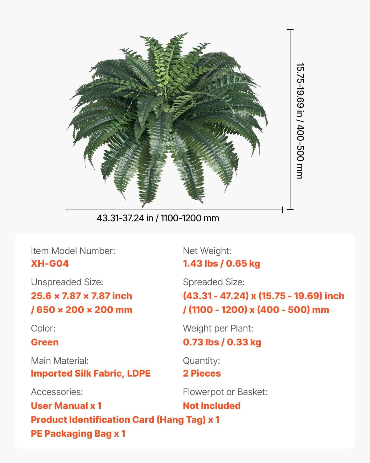 Large 47″ Artificial Boston Ferns – 2 Pcs Faux Plants for Home & Garden