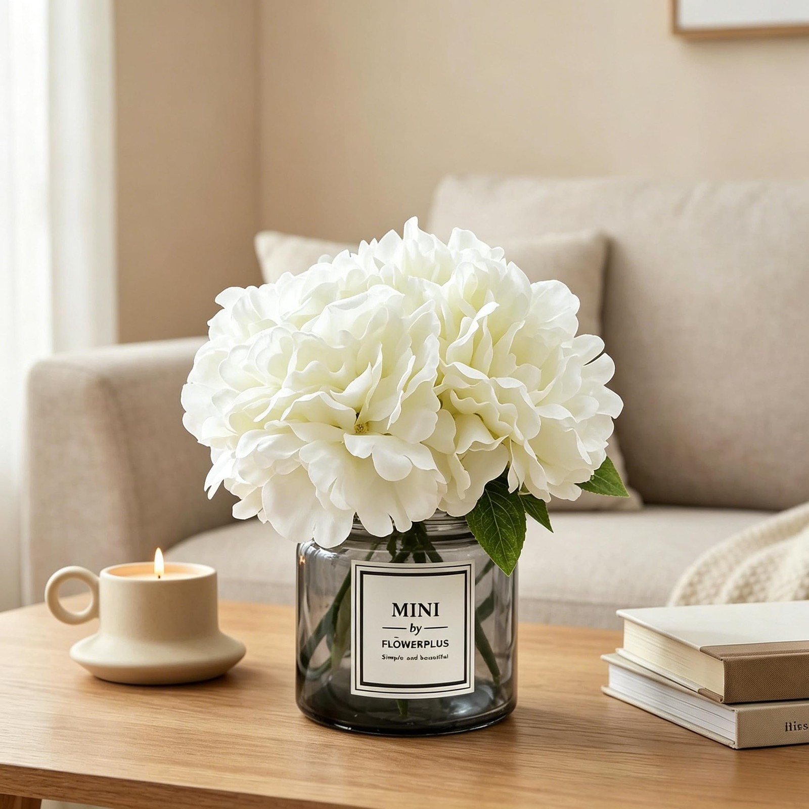 Artificial Hydrangea Flowers with Vase Realistic Faux Peonies, White Hydrange…