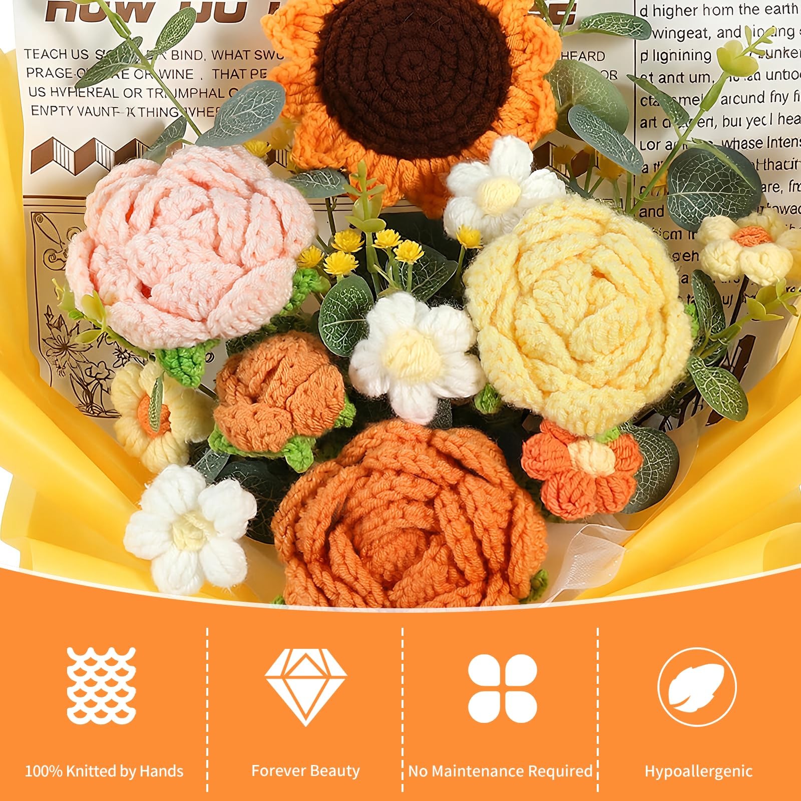 Crochet Flower Bouquet, Yellow Handmade Knitted Flowers, Crochet Sunflower Ro…