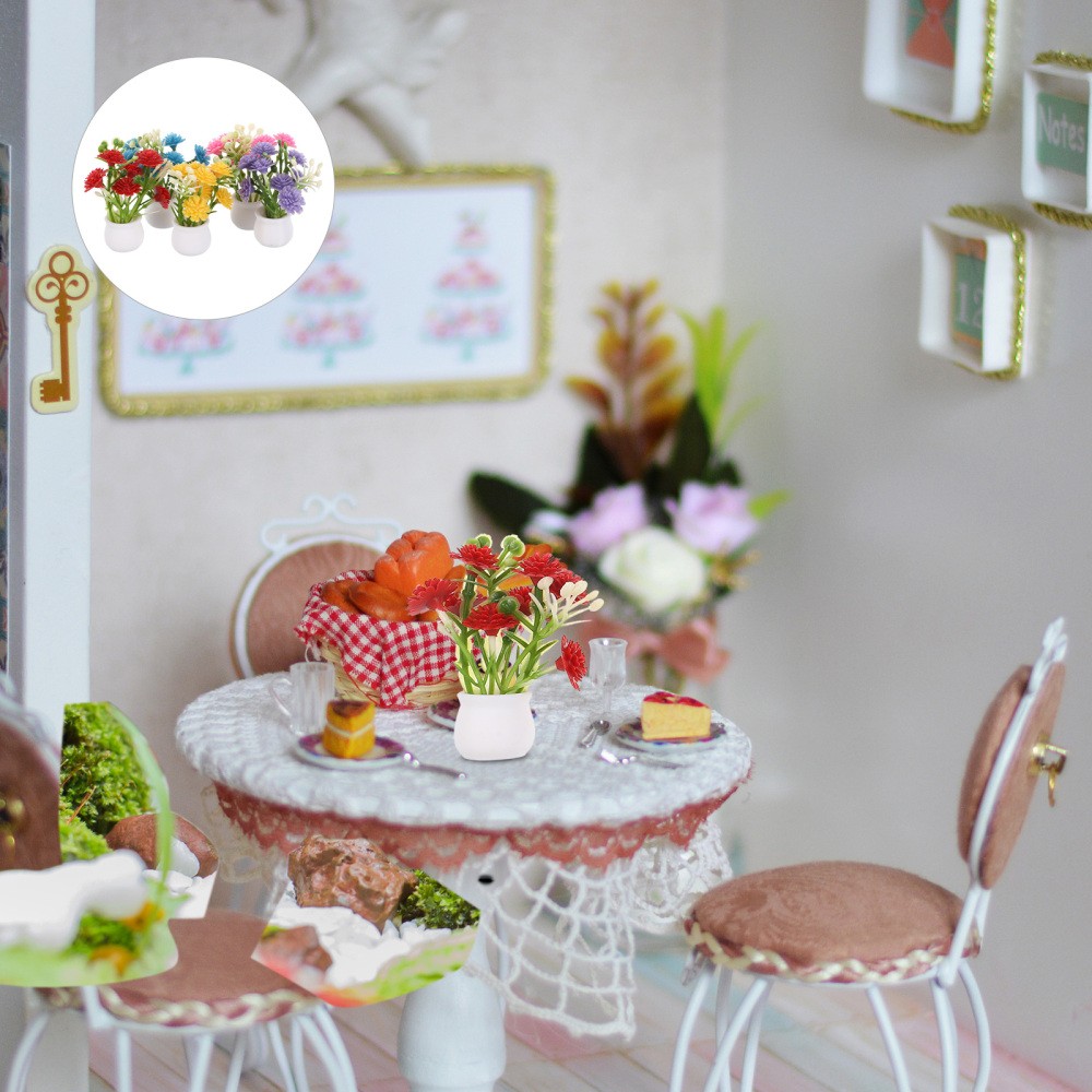 5pcs Mini Flower Pot Set with Artificial Flowers for Dollhouse and Fairy Garden