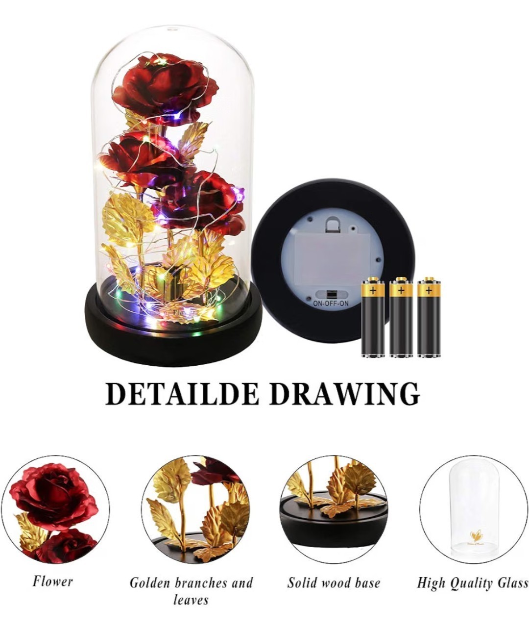 Dream Of Flowers Red Rose Gold Stem/Leaves in Glass Dome, 2 Lighting Modes. #dom