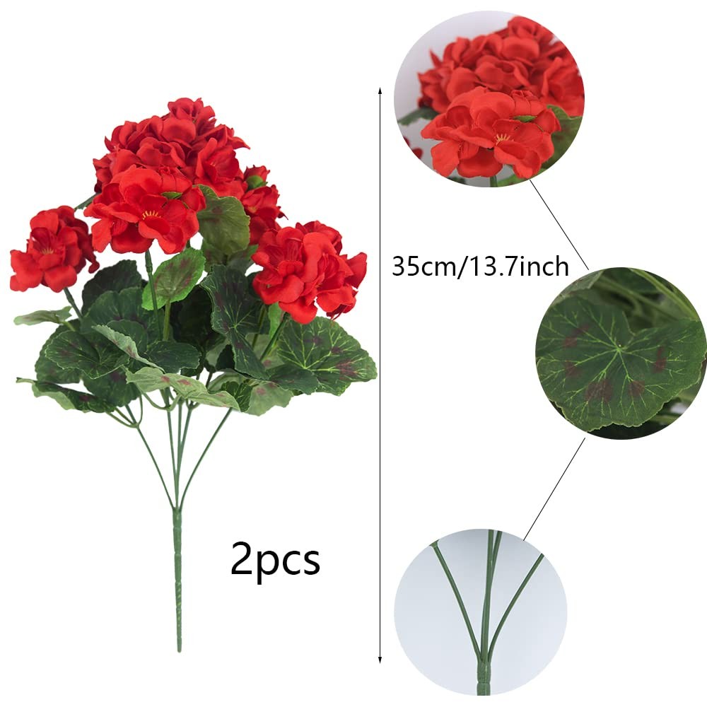 FERIAL 2 Pcs Artificial Red Geranium Bush Faux Flowers Geraniums Silk