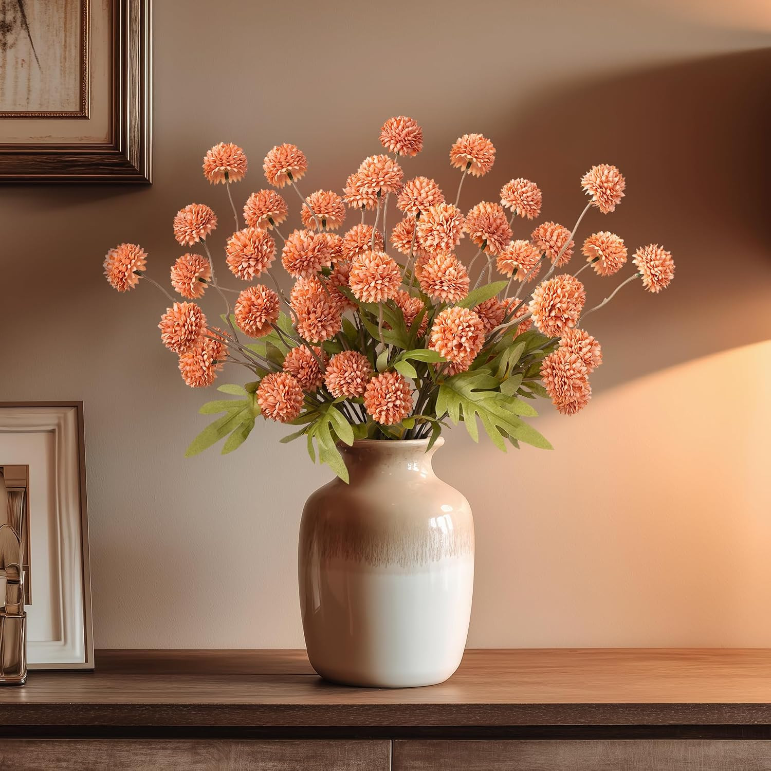 10Pc Coral Orange Silk Chrysanthemum – Faux Flowers for Home & Office Decor