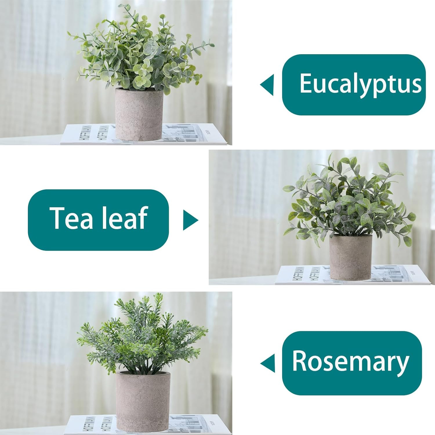 3 Pack Fake Plants Small Potted Artificial Realistic Eucalyptus | Sage Green Art