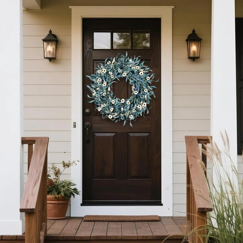 Natural Rustic Floral Wreath Summer Decor Eucalyptus Wheat Front Door Hanging US