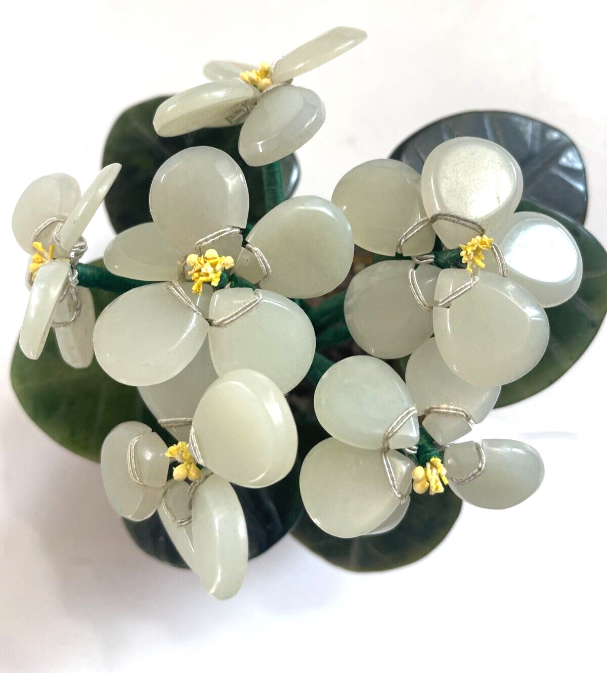 6 Jade Flowers and Petals in Brass Planter 4 “1970s Made in Hong Kong Vintage