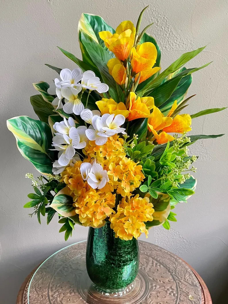 Tropical Floral Arrangement: Yellow & Green Beach House Decor, Table Centerpiece