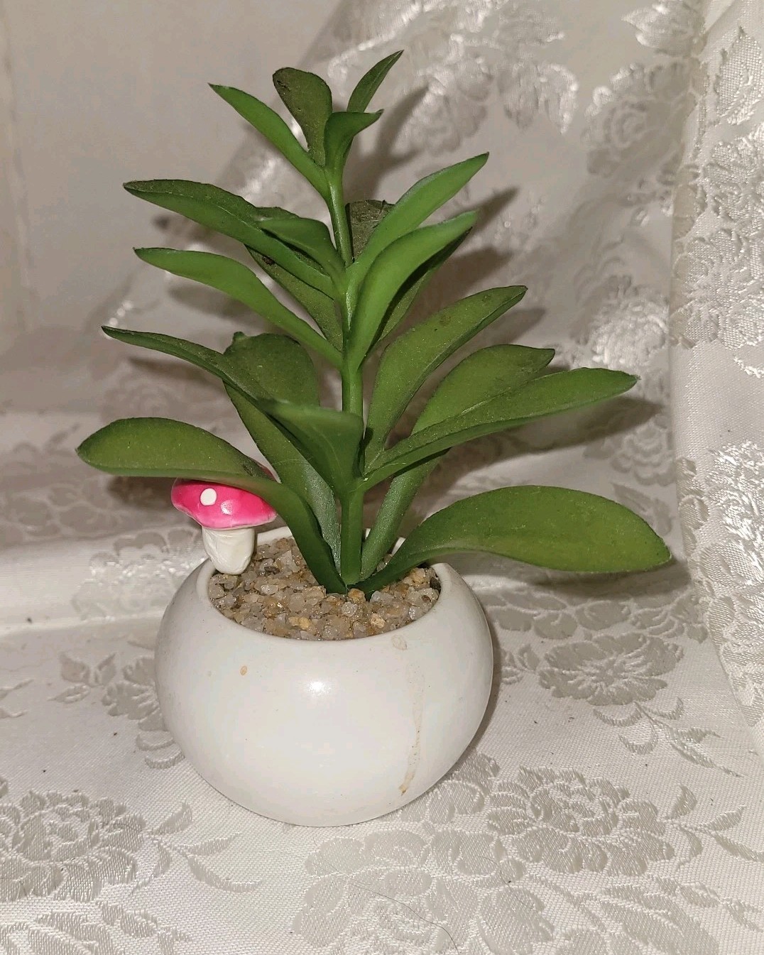 Artifical Succulant With Mushroom I White Ceramic Pot
