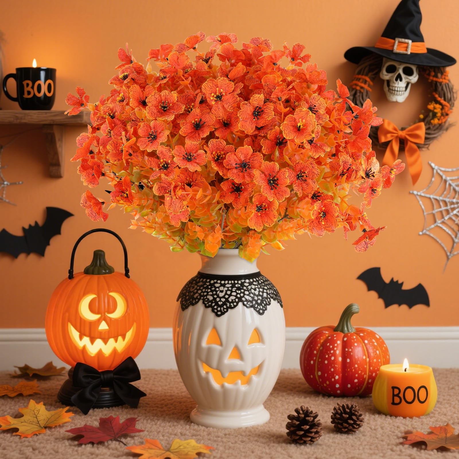 AmyHomie 16 Bundles Orange Artificial Fall Flowers for Outdoors Fall Decor