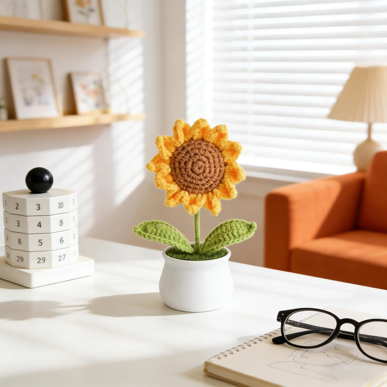Handmade Crochet Sunflower Flower Potted Plants, Artificial Knitted Floral Decor