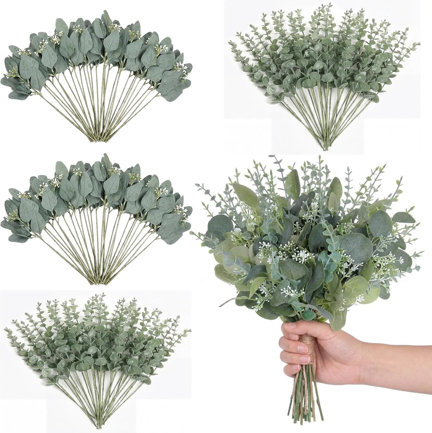 200 Pcs Artificial Eucalyptus Stems, 2 Styles Faux Greenery Leaves with Silver