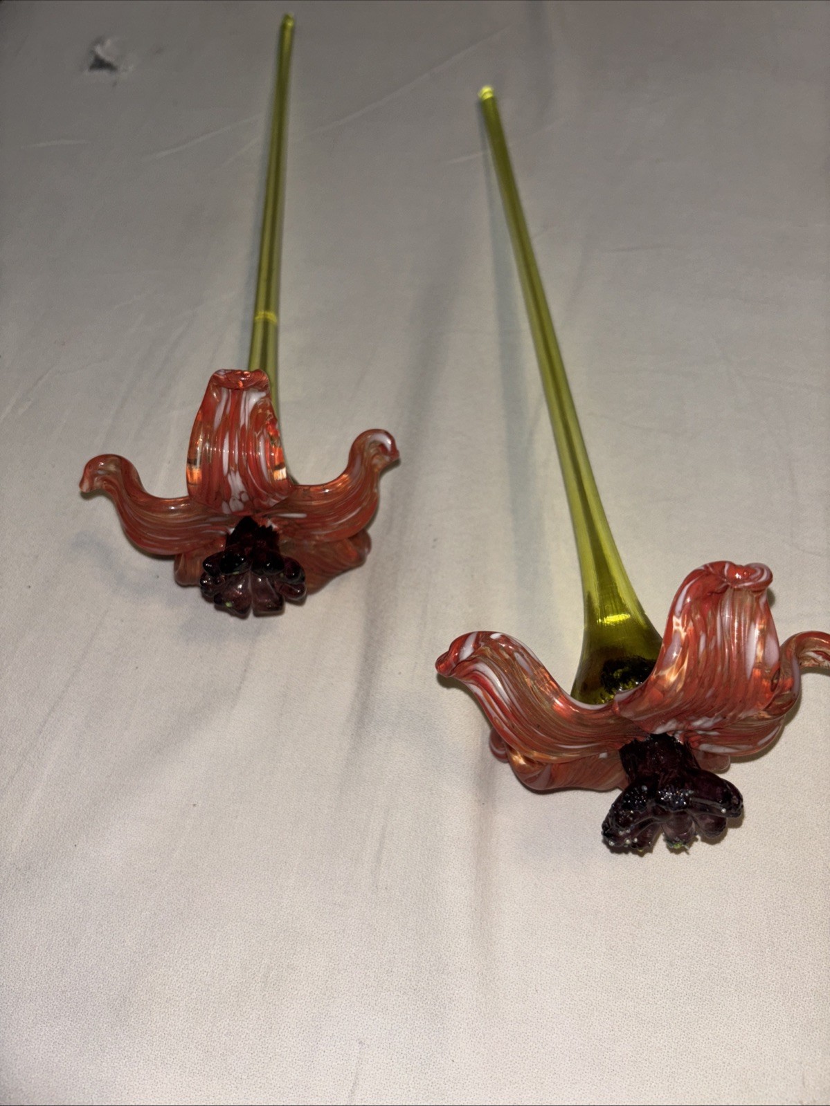 2 Vintage Art Glass Murano Style Glass Flower 14.5” Yellow – Orange & Purple