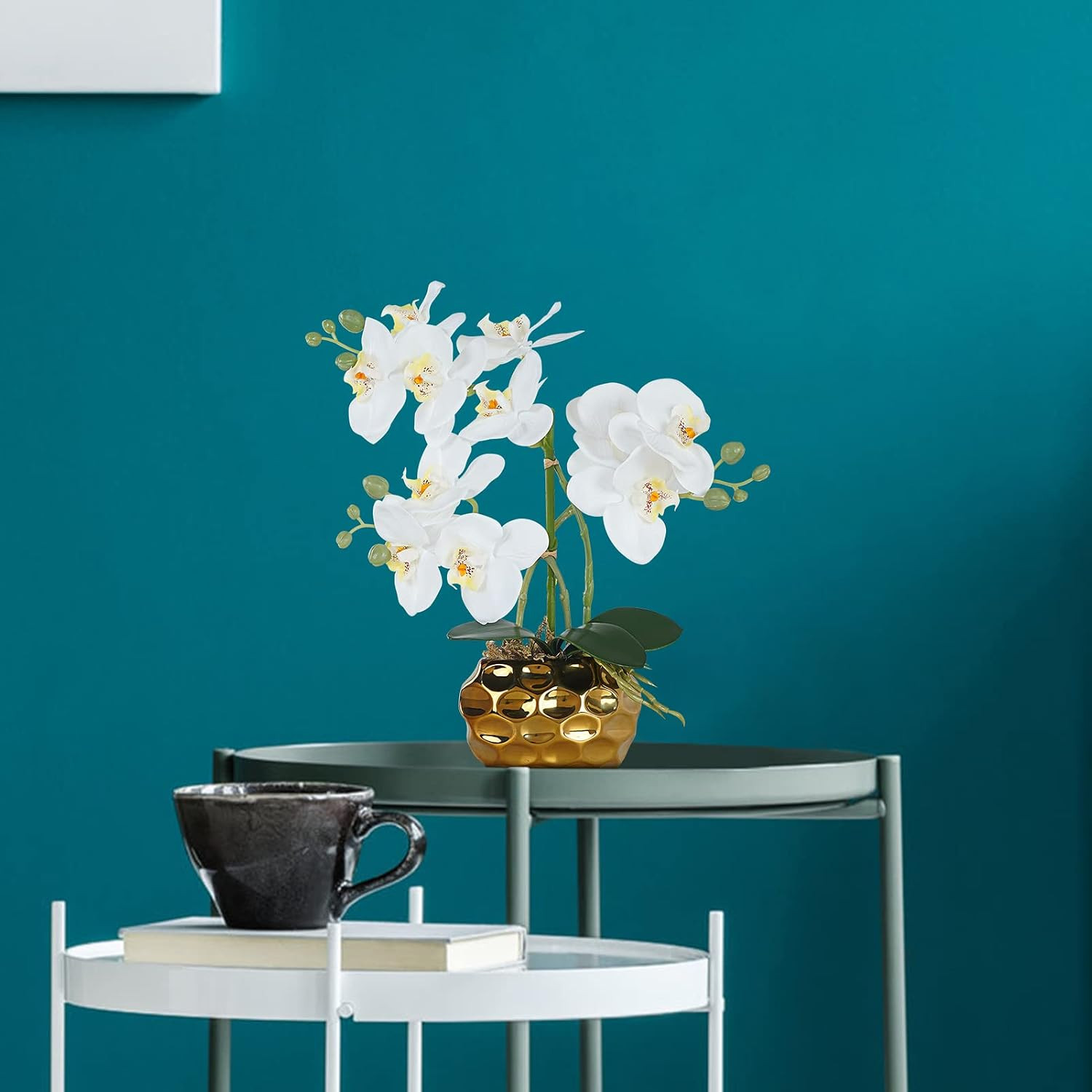 Realistic White Faux Orchid Arrangement in Ceramic Pot for Home Decor