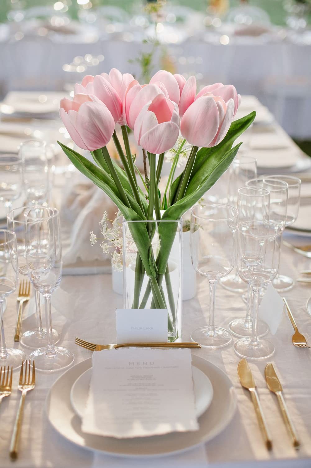 Pink Artificial Tulip Flower Fake Flowers Clear Vase Real Touch Arrangement