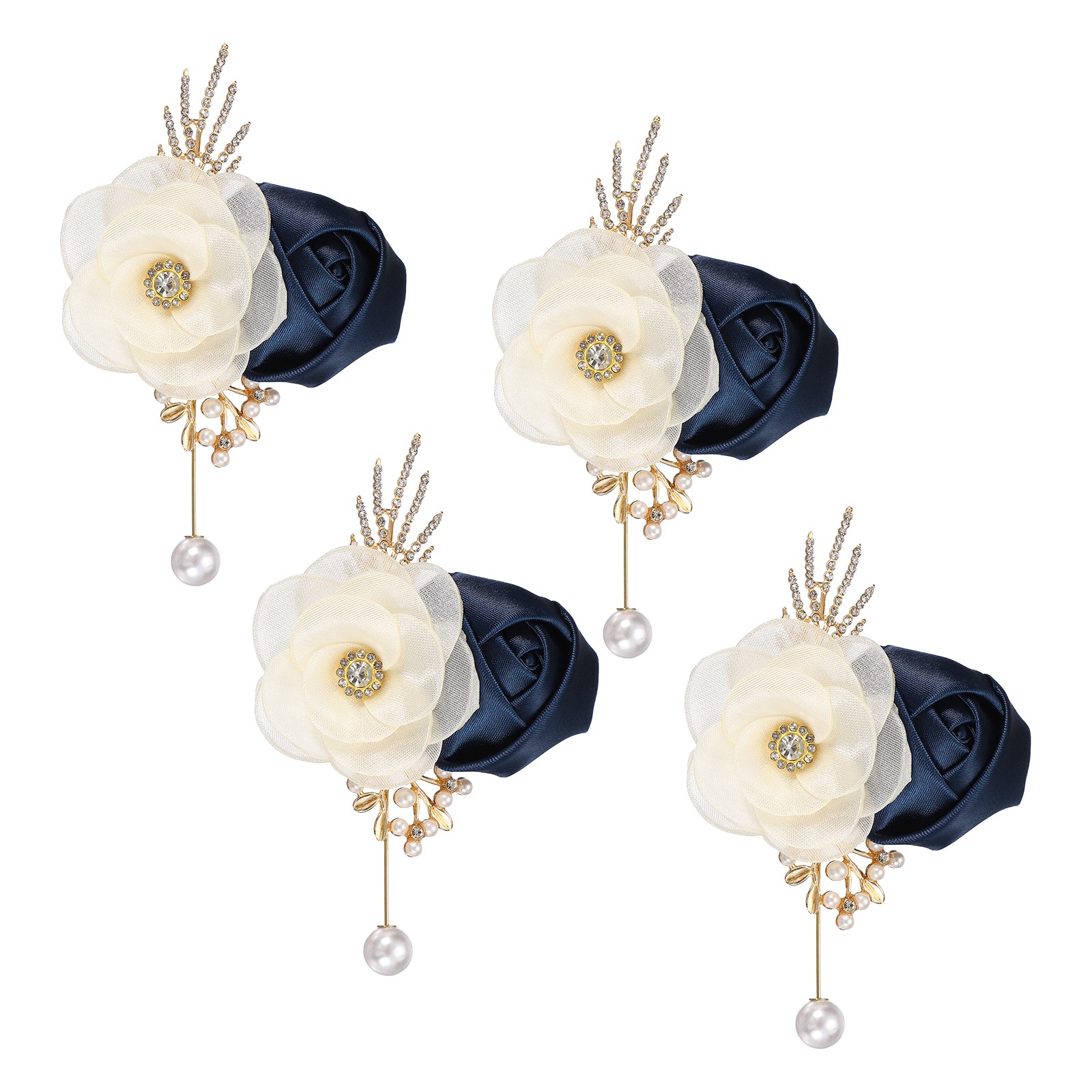 Rose Boutonnieres for Men, 4Pcs Mens Boutonnieres Lapel Flower, Navy