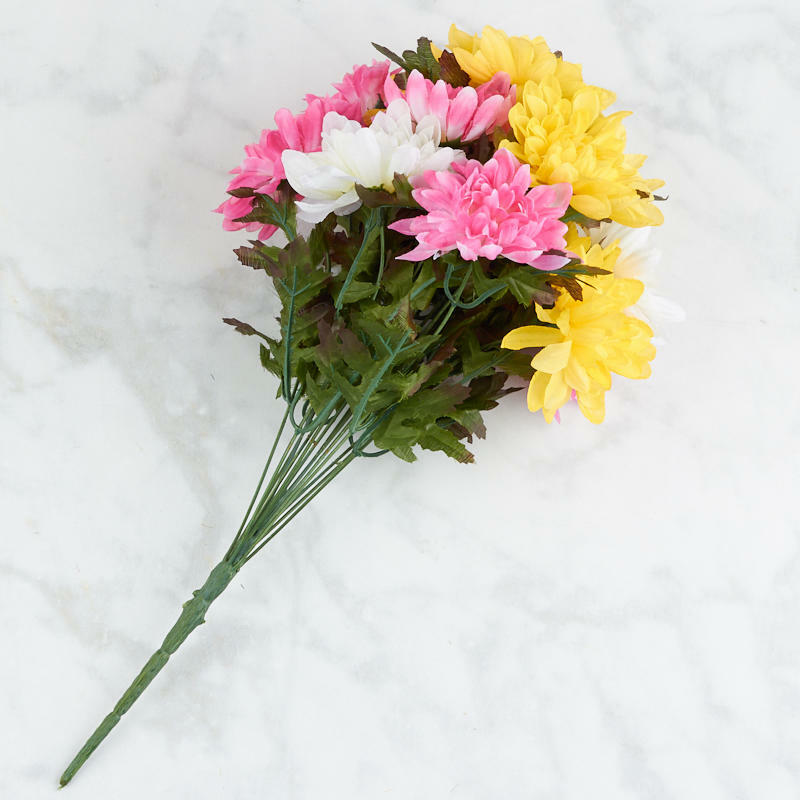 Pink Yellow and White Artificial Mum Bush