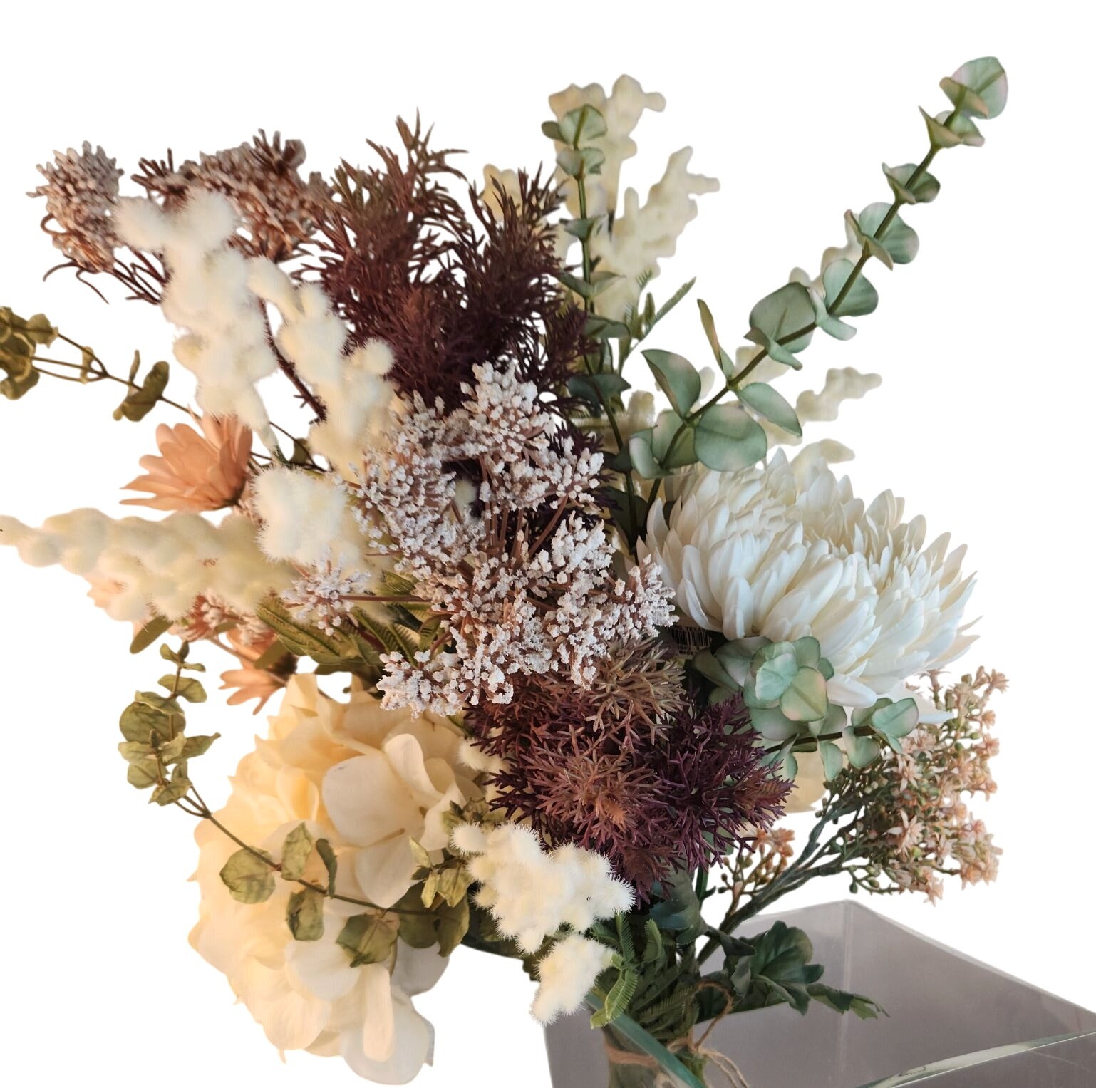 Artificial Floral Arrangement Beige Hydrangea & Cream Mum Bouquet Hand Tied