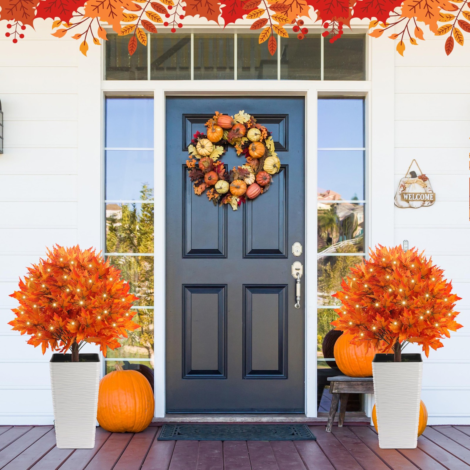 27″ Set of 2 Artificial Maple Topiary Trees with 100 Lights, Fall Decor Maple…