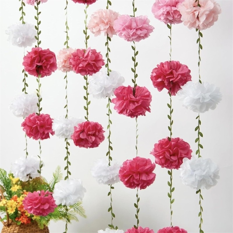 2Pcs 8.2feet Long Paper Flower Ball Garland With Realistic Leaf For Wedding