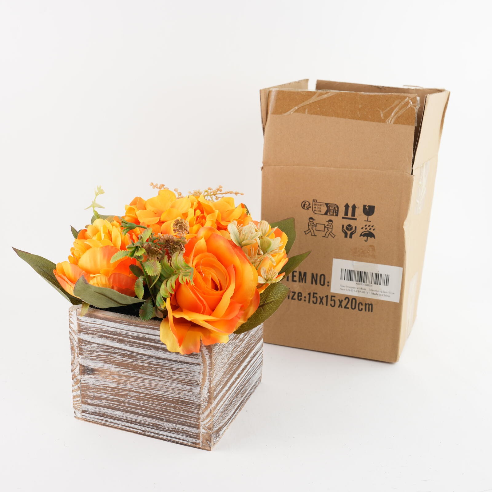 Artificial Flower Arrangement, 8” Orange Roses Peonies Hydrangeas in Wooden