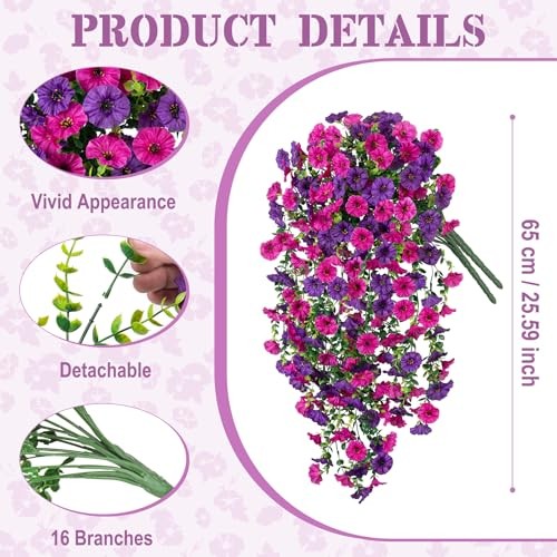 Artificial Hanging Petunias Flowers for Outdoor, 2pcs Dark Purple Light Purple