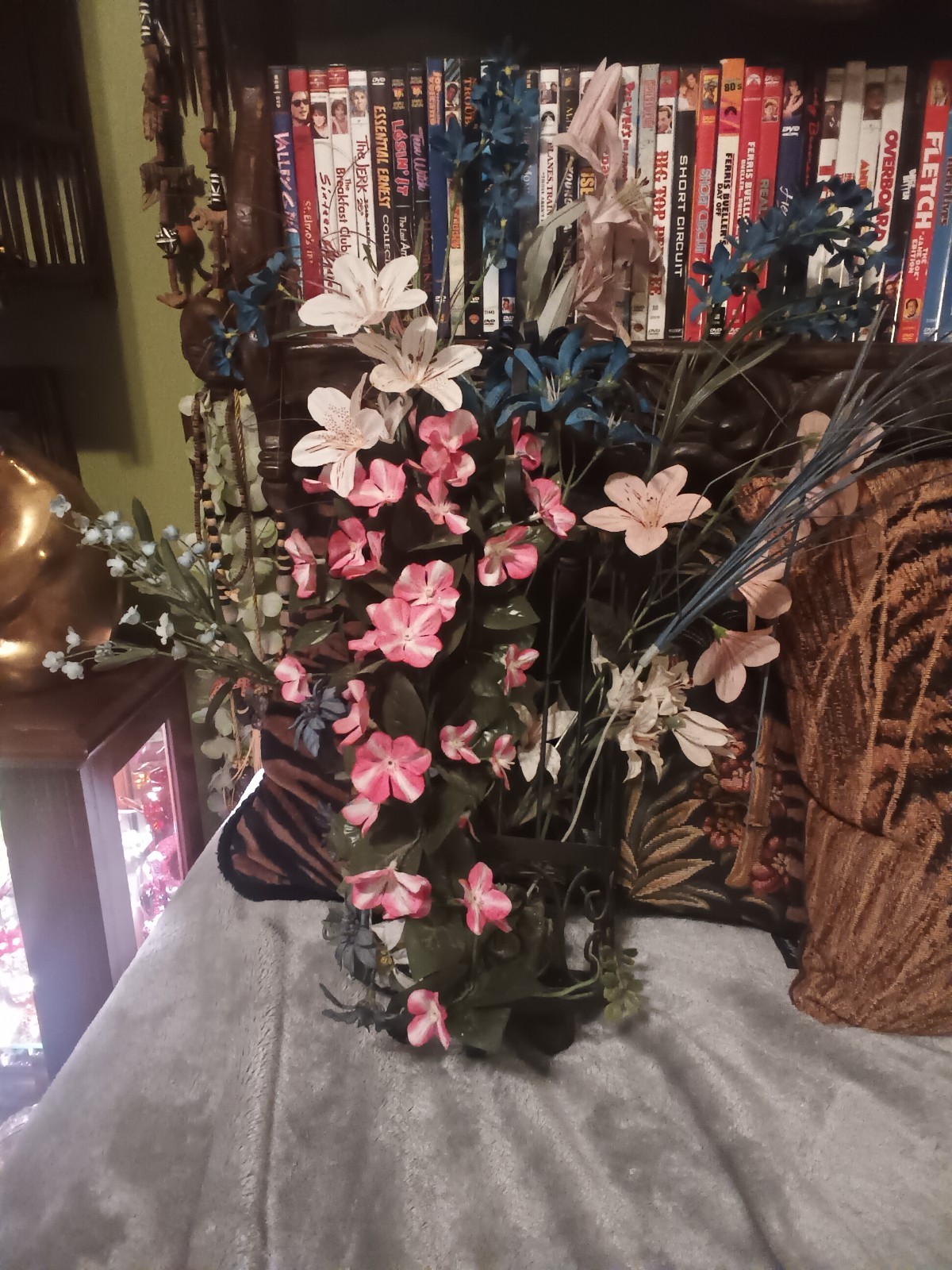 Large HODA black Iron metal half cage wall artificial flower arrangement.