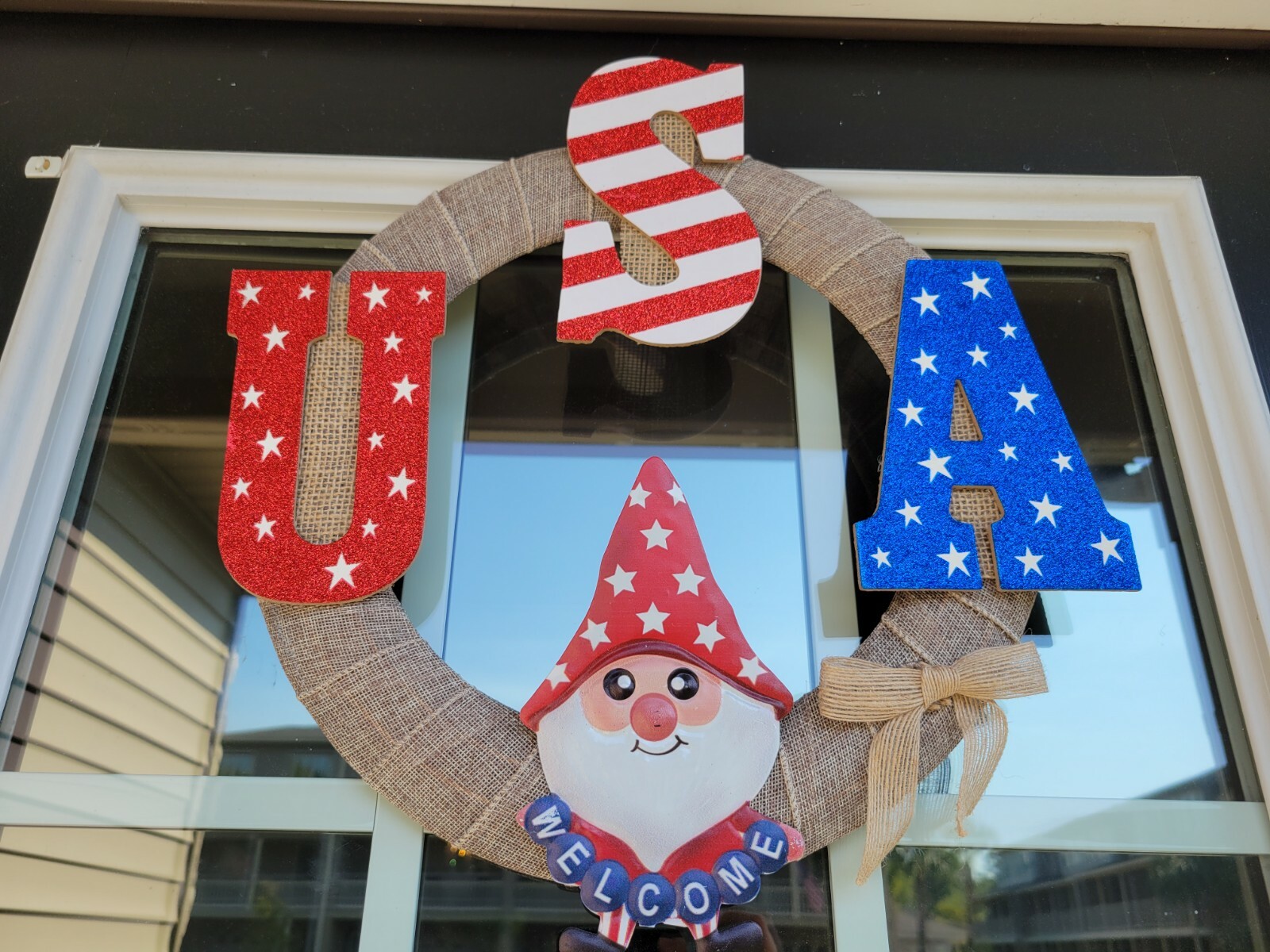 USA Welcome Gnome red white and blue burlap Door WREATH patriotic 4th of July