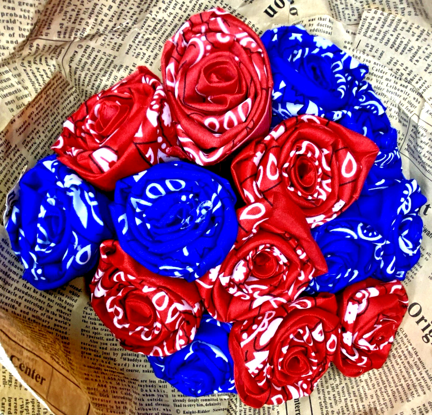 Handmade Rose Bouquet Bandana Wrap Blue Red Roses Vintage Newspaper Replica