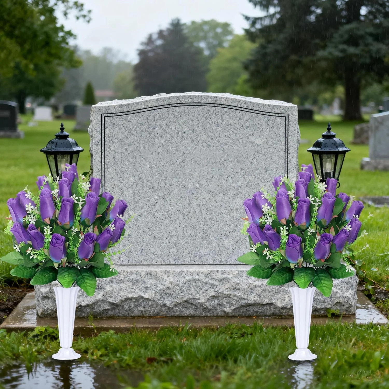 Artificial Cemetery Flowers – Rose Bouquets with Vase for Grave Decoration (P…