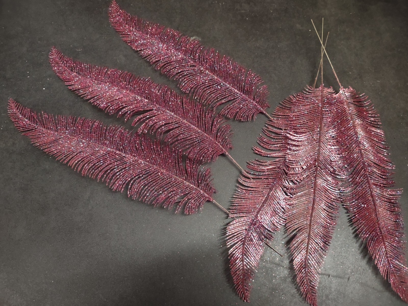 6 Pieces: Retro Plastic Feather Fern, Purple Red & Blue Glittered, Wired 15″