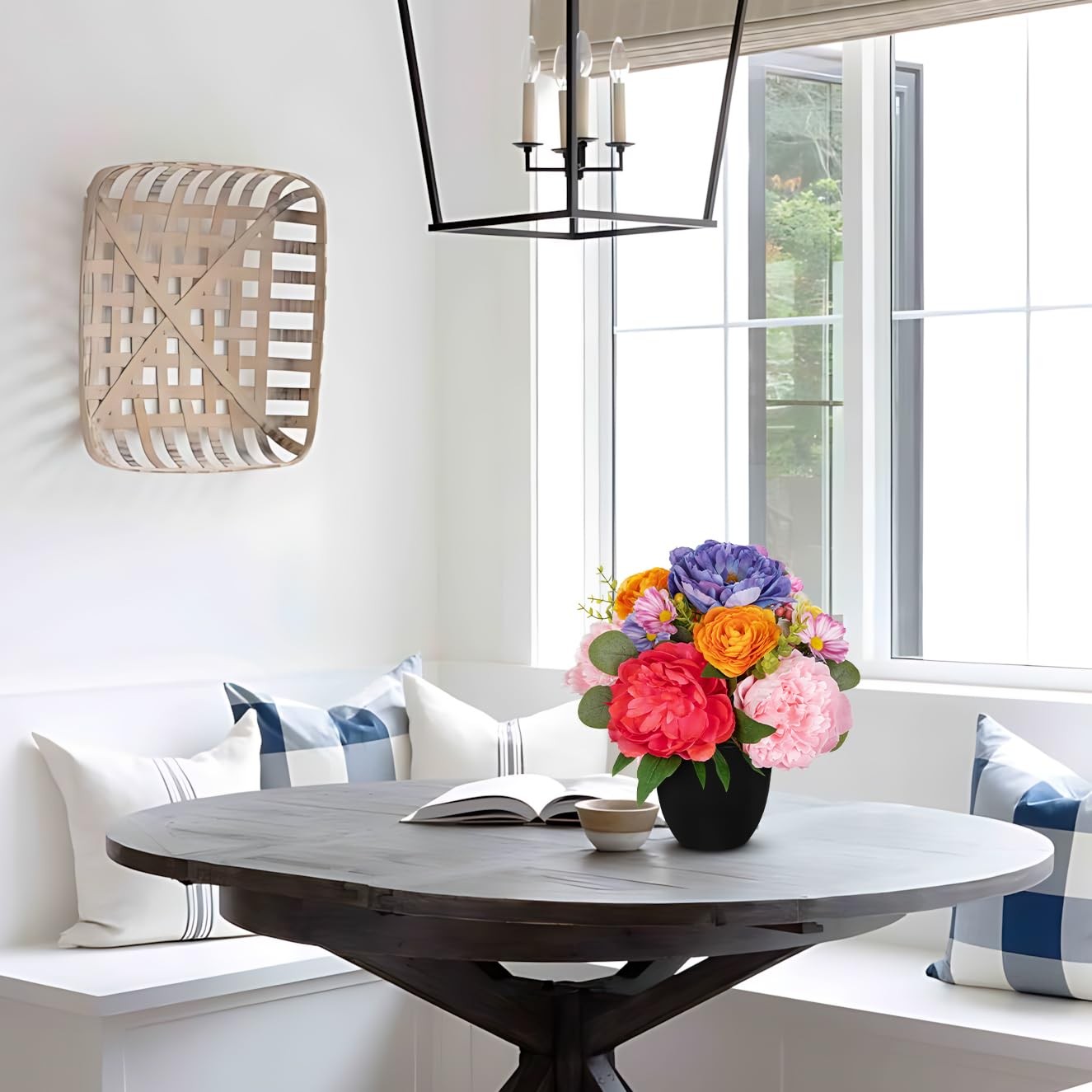 Artificial Peonies Flower in Modern Black Pot, Farmhouse Table Floral Arrange…