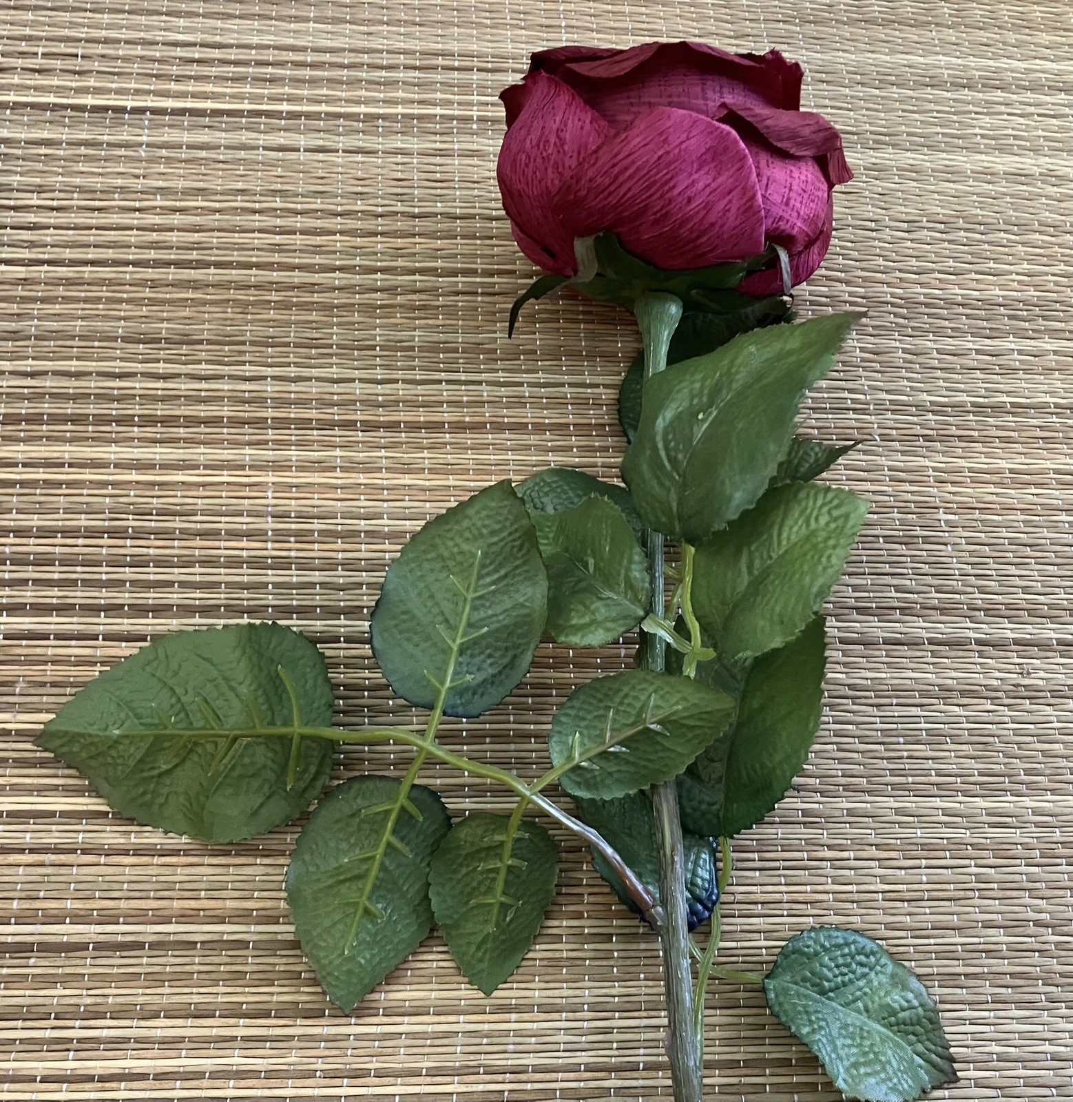 Vintage French 90’s Artificial Dark Red Cabbage ROSE Flower w/ Leaves, Long Stem