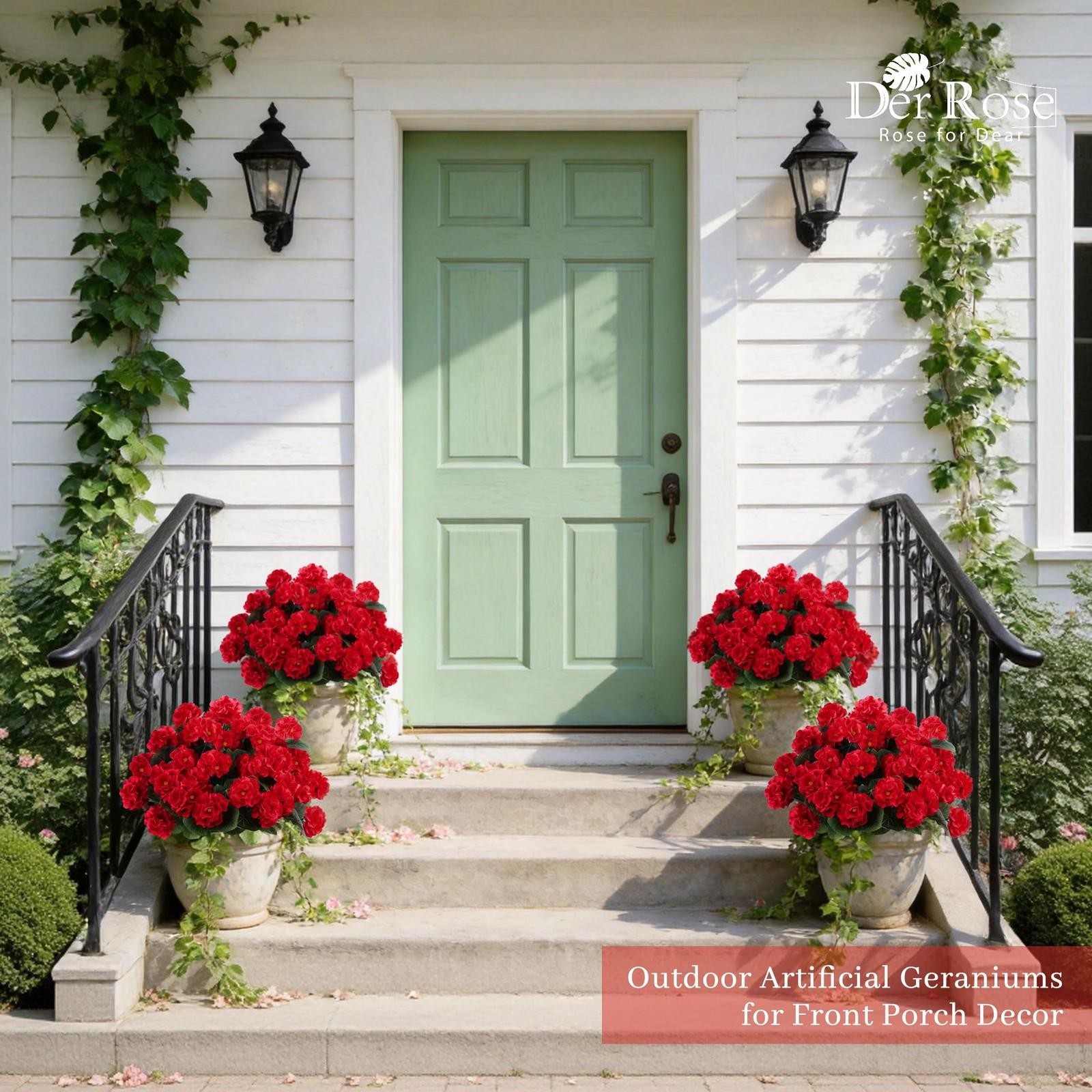 6 Pack Red Artificial Geraniums Flowers for Outdoors Uv Resistant Faux Flowers F