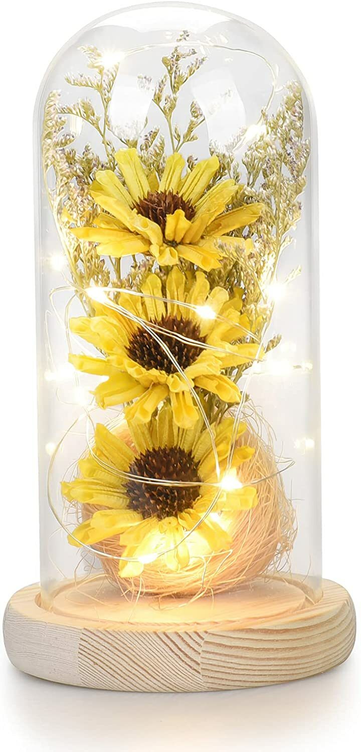 Artificial Sunflower in Glass Dome with Led Light Strip Gifts for Women Mom Girl