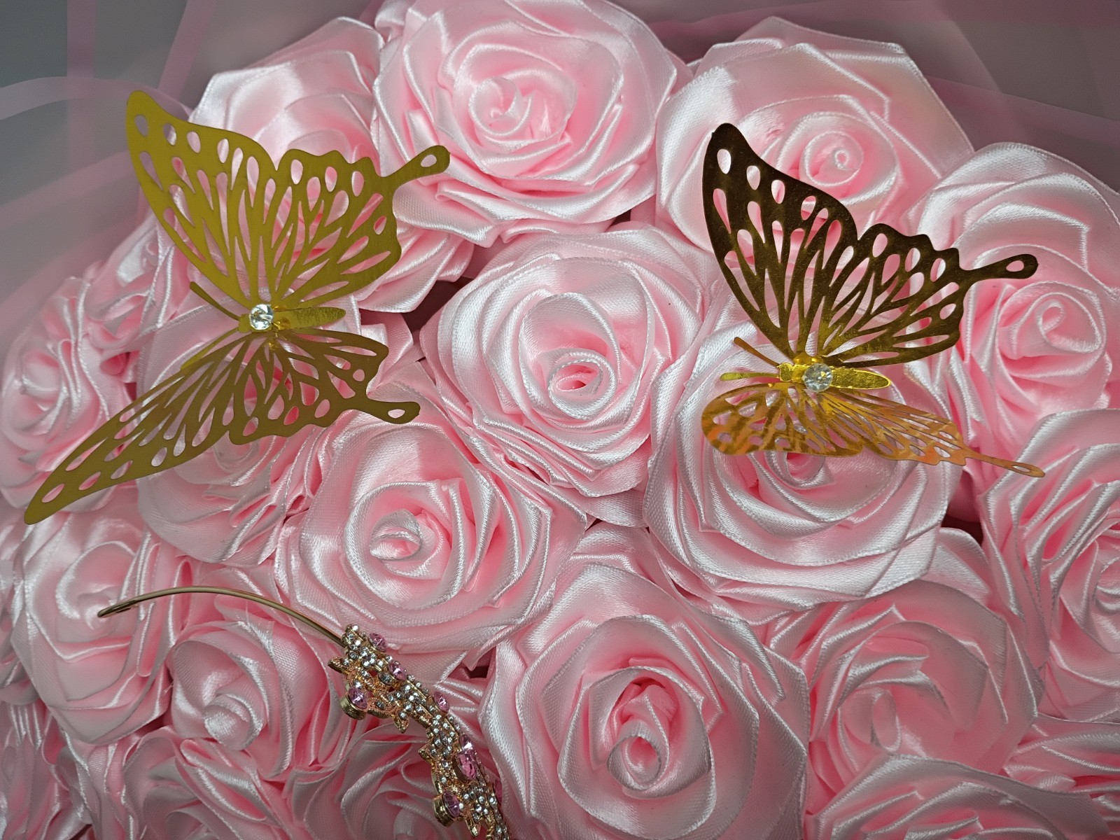 Eternal Rose Bouquet Pink Satin Ribbon Tiara Crown Butterfly Valentine’s Day 36!