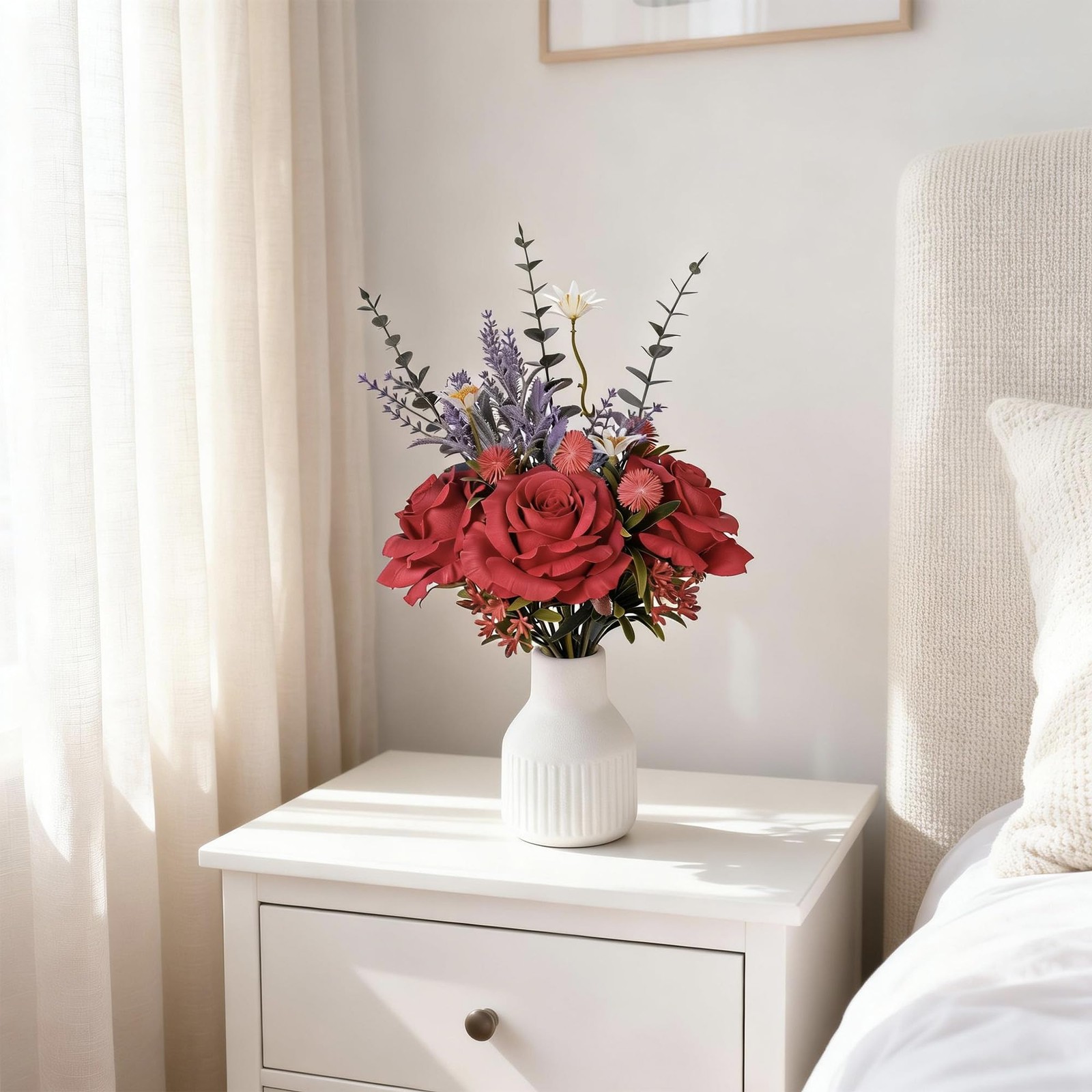 Artificial Rose Flower Arrangement in White Ceramic Vase, Silk Roses with Euc…