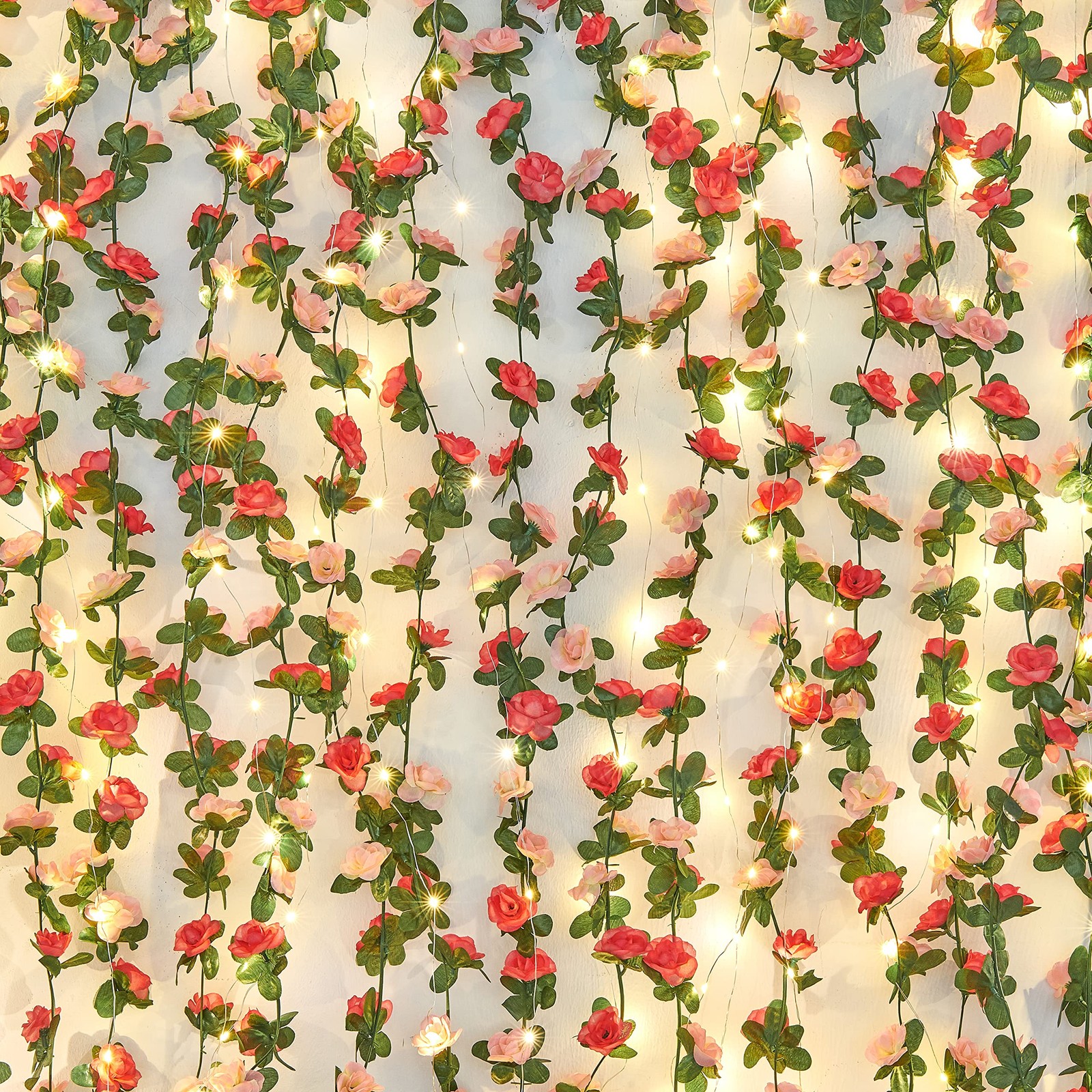 2Pcs 16.4Ft Flower Garland Artificial Rose Vines with 16.4Ft String Lights, C…