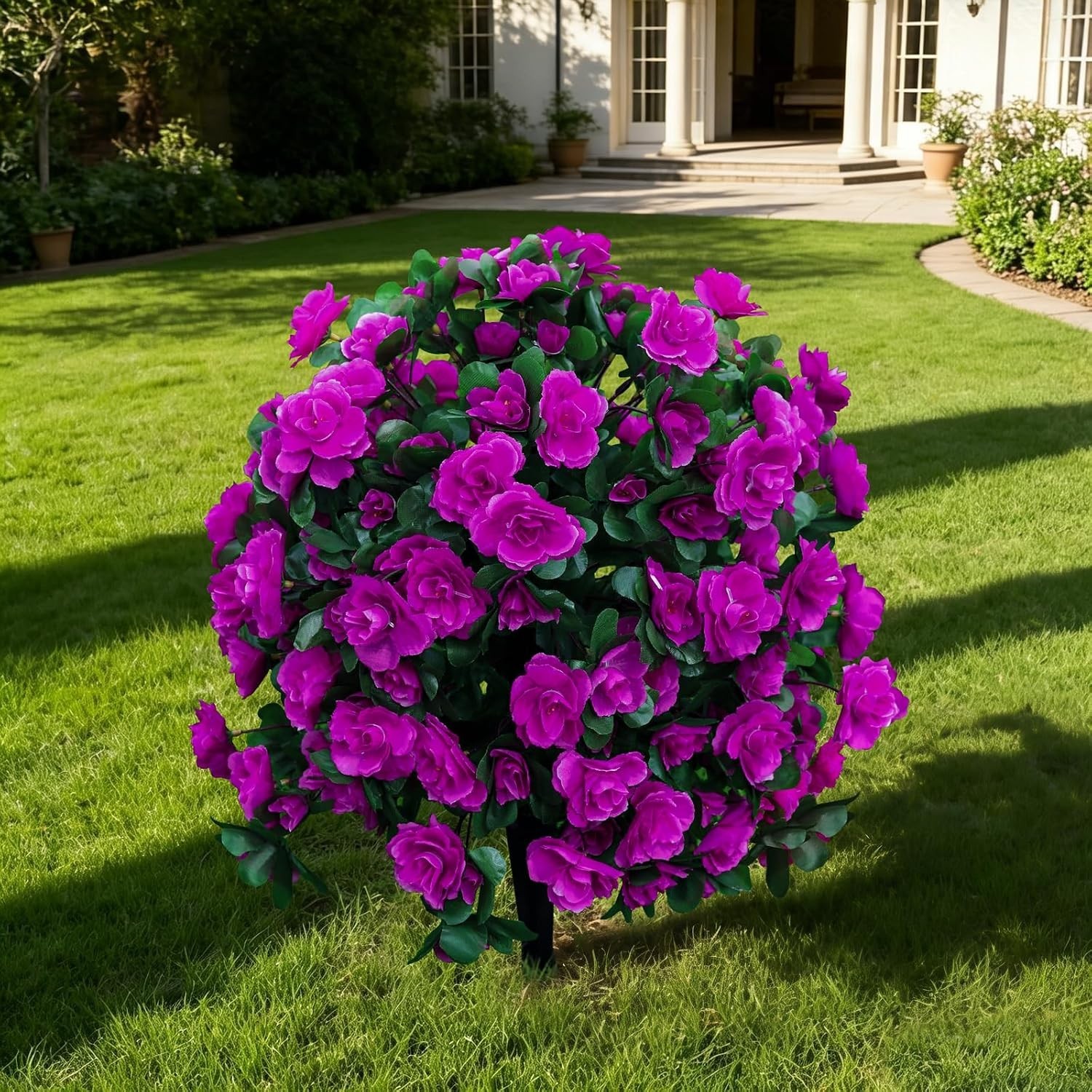 Artificial Flowers for Outdoor with Ground Stakes, 22″ Faux Azalea Silk Flora…