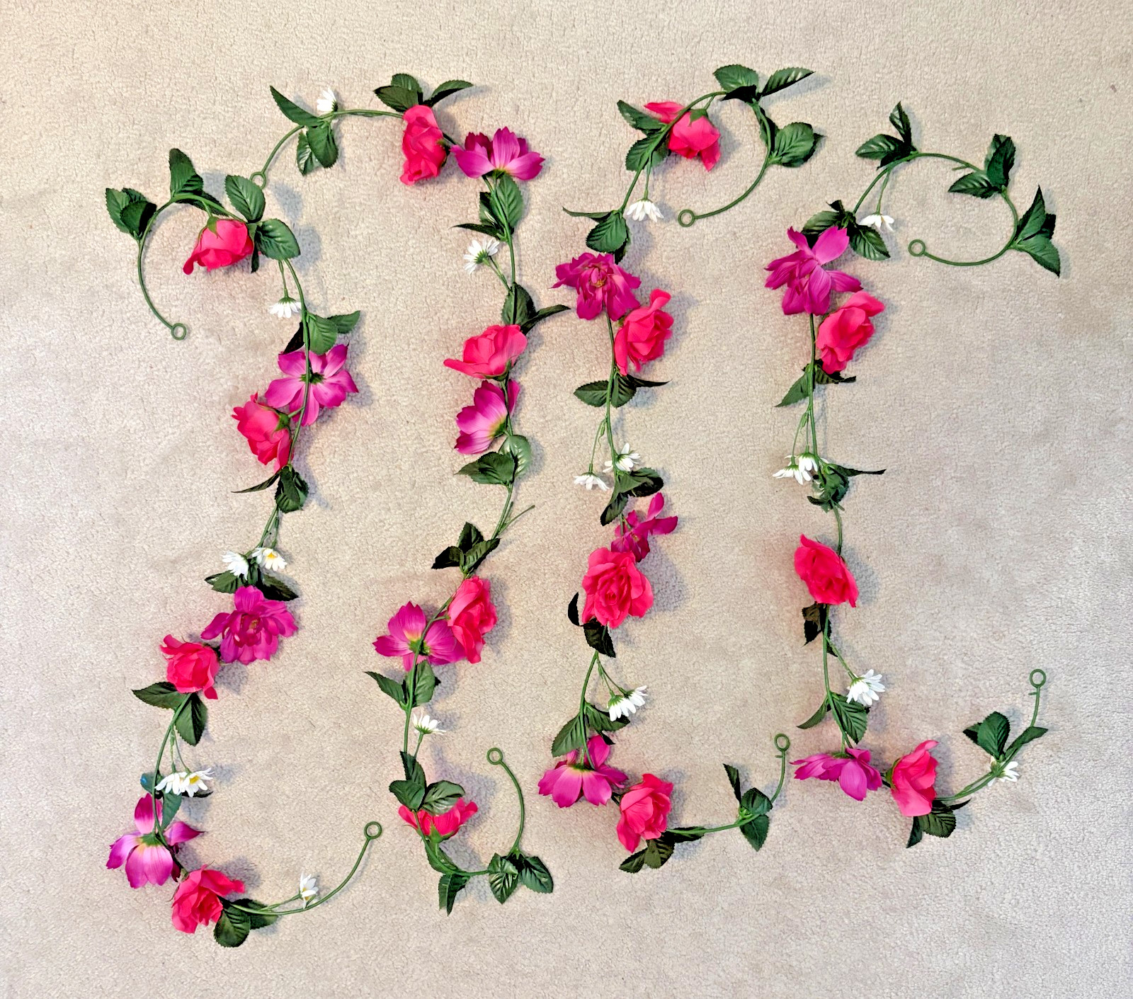Lot of 4 Vines 4′ each of Silk Flowers/Leaves Floral Garland Pink/Fuchsia/White