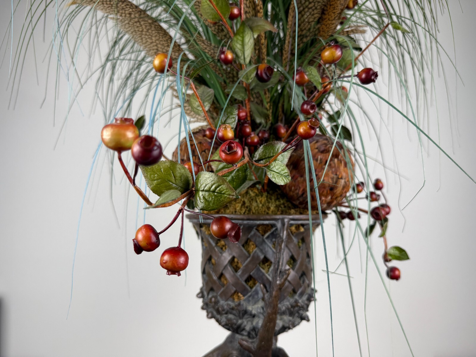 Rustic Stag Head Urn Faux Floral Arrangement Pheasant Feather Lodge Centerpiece