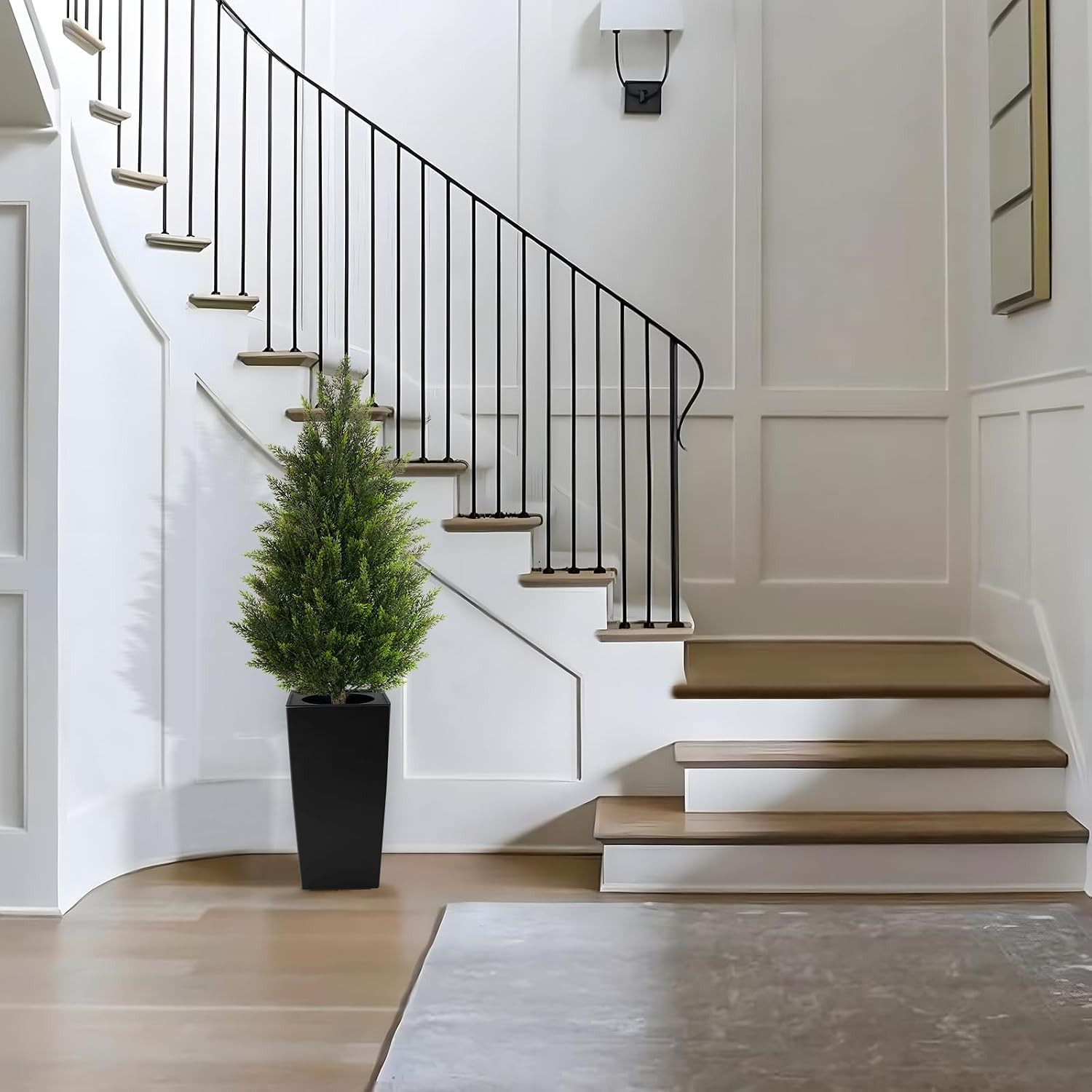 4FT Tall 2 Pack Artificial Cedar Topiary Trees with Compact Pyramidal Shape, Rea