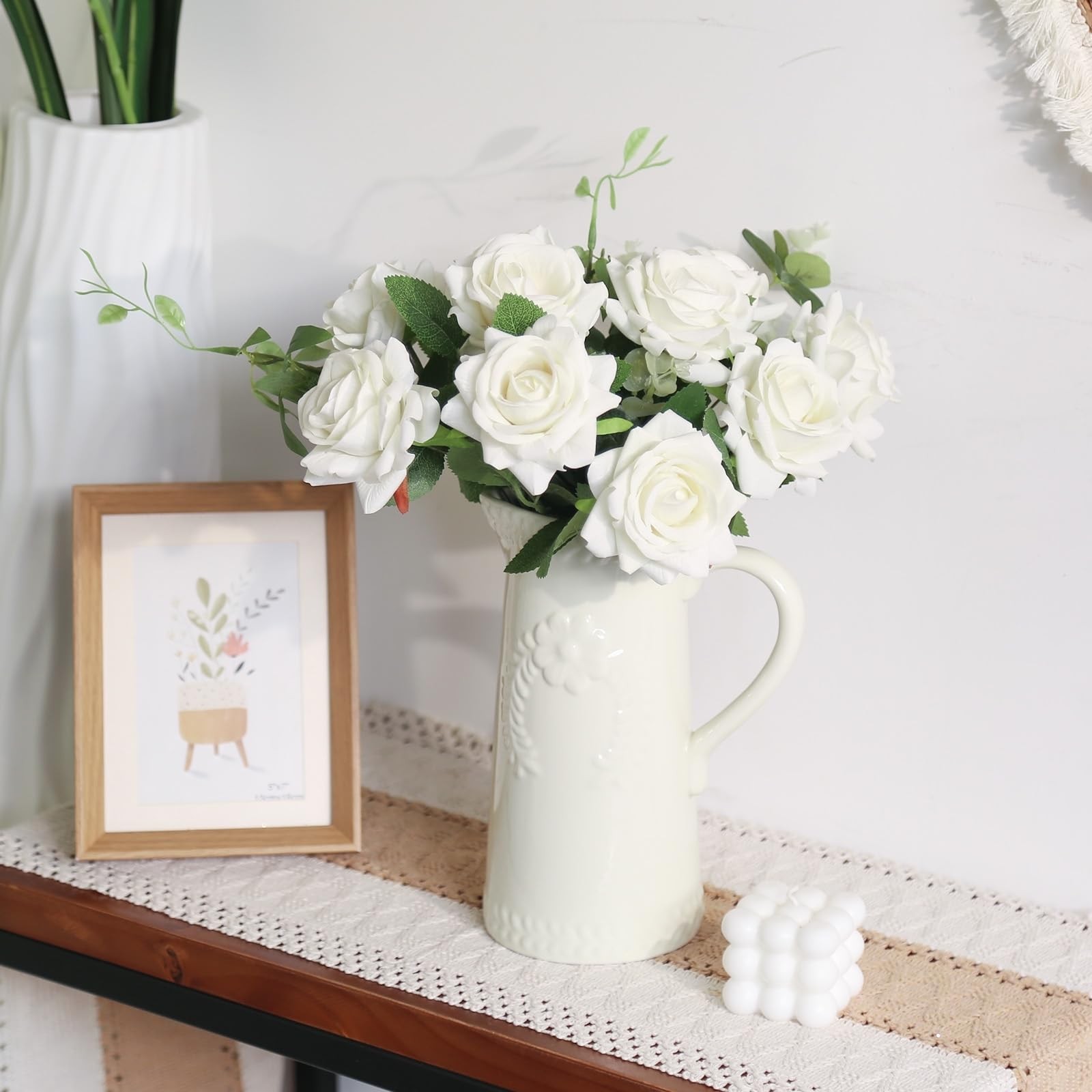 10PCS White Velvet Rose Artificial Flowers Realistic Faux Roses with Long Ste…