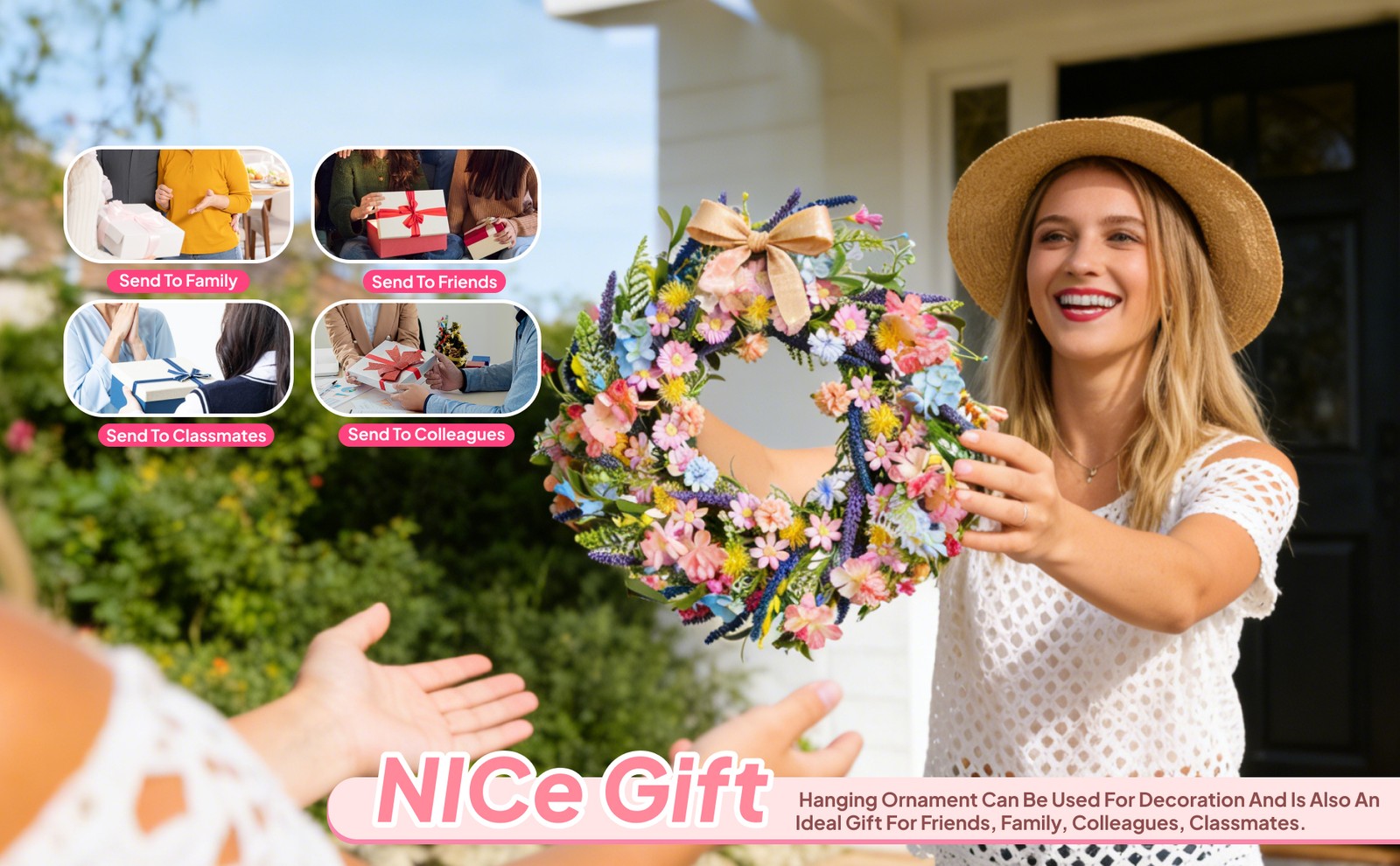 Spring Colorful Wreath Artificial Rose Wreath 18inch Garland for Housewarming