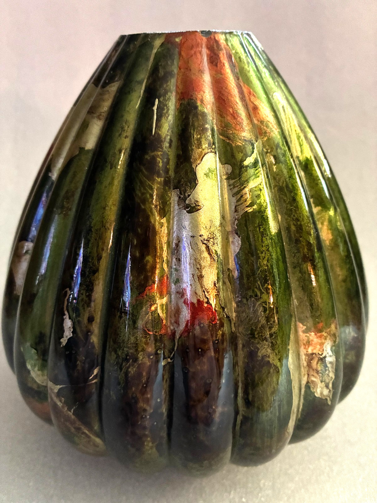 Vertically ribbed, dome or gourd shape, artisan glass. Hand-painted glass art.