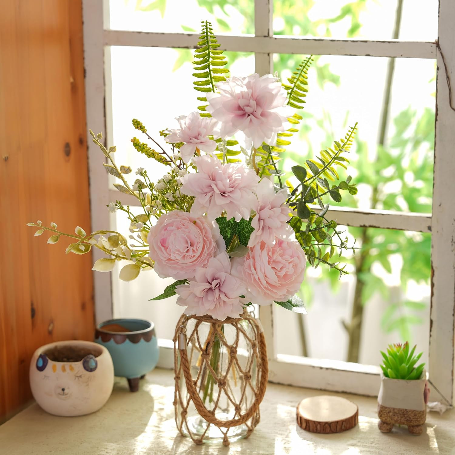 Fake Flowers with Vase – Artificial Light Pink Dahlia Flowers Arrangement, Flora