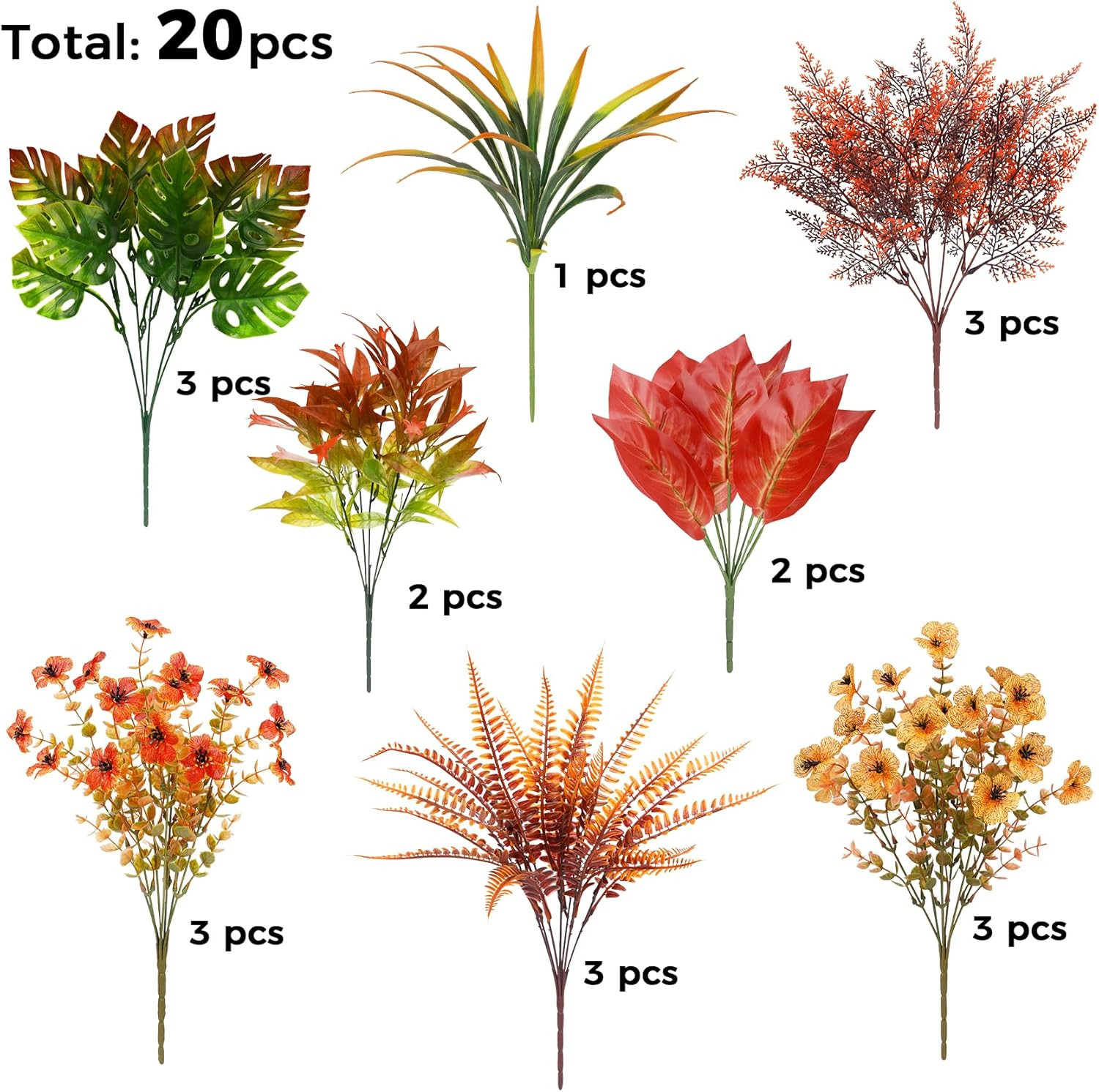 20 Bundles Artificial Fall Flowers for Outdoor Decoration, Fake Plants Faux Mums