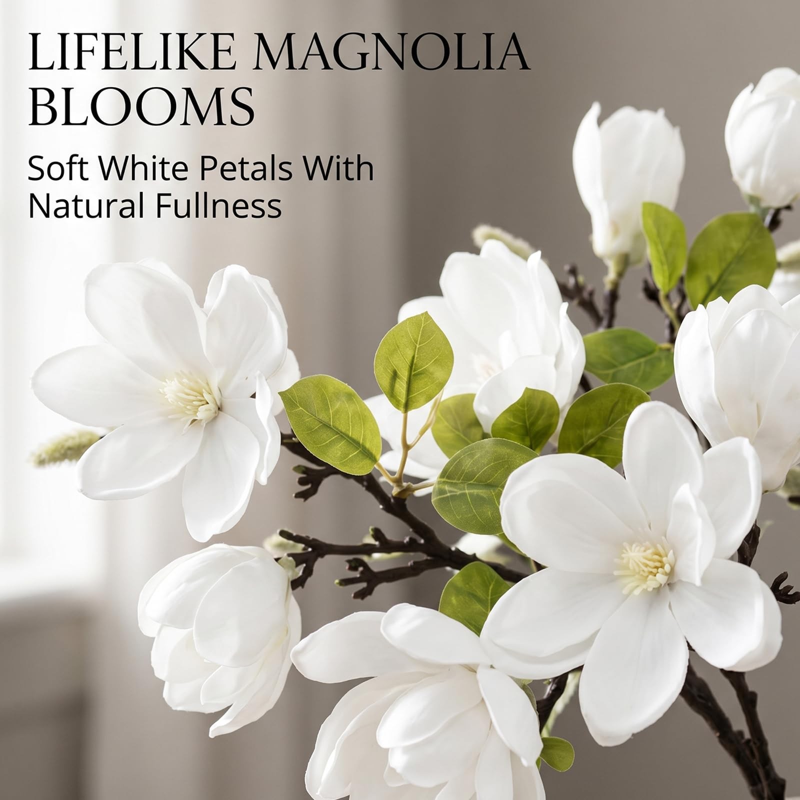 Set of 4 Artificial Magnolia Flowers, 25 Inch White Fake Flowers Branches | R…
