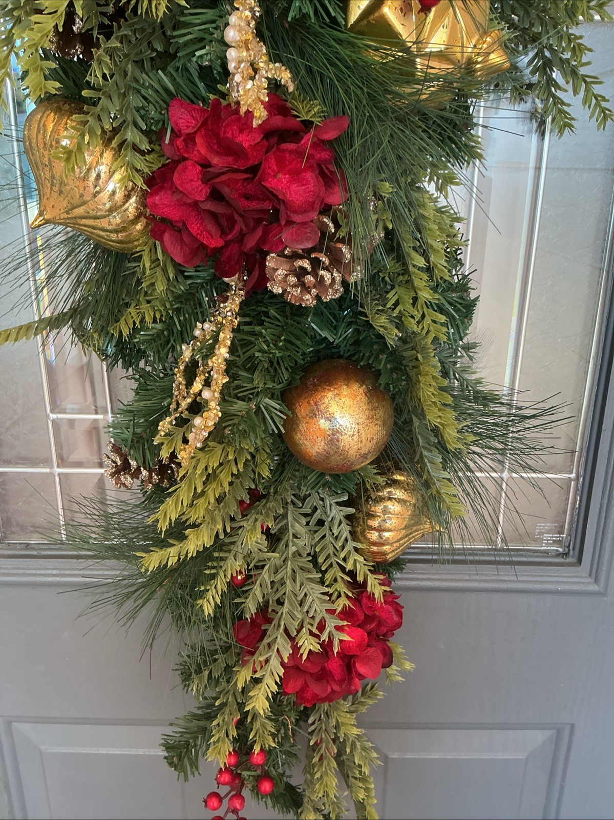 PreLit Christmas Teardrop Swag Frontgate Battery Hydrangeas Berries Red Bow