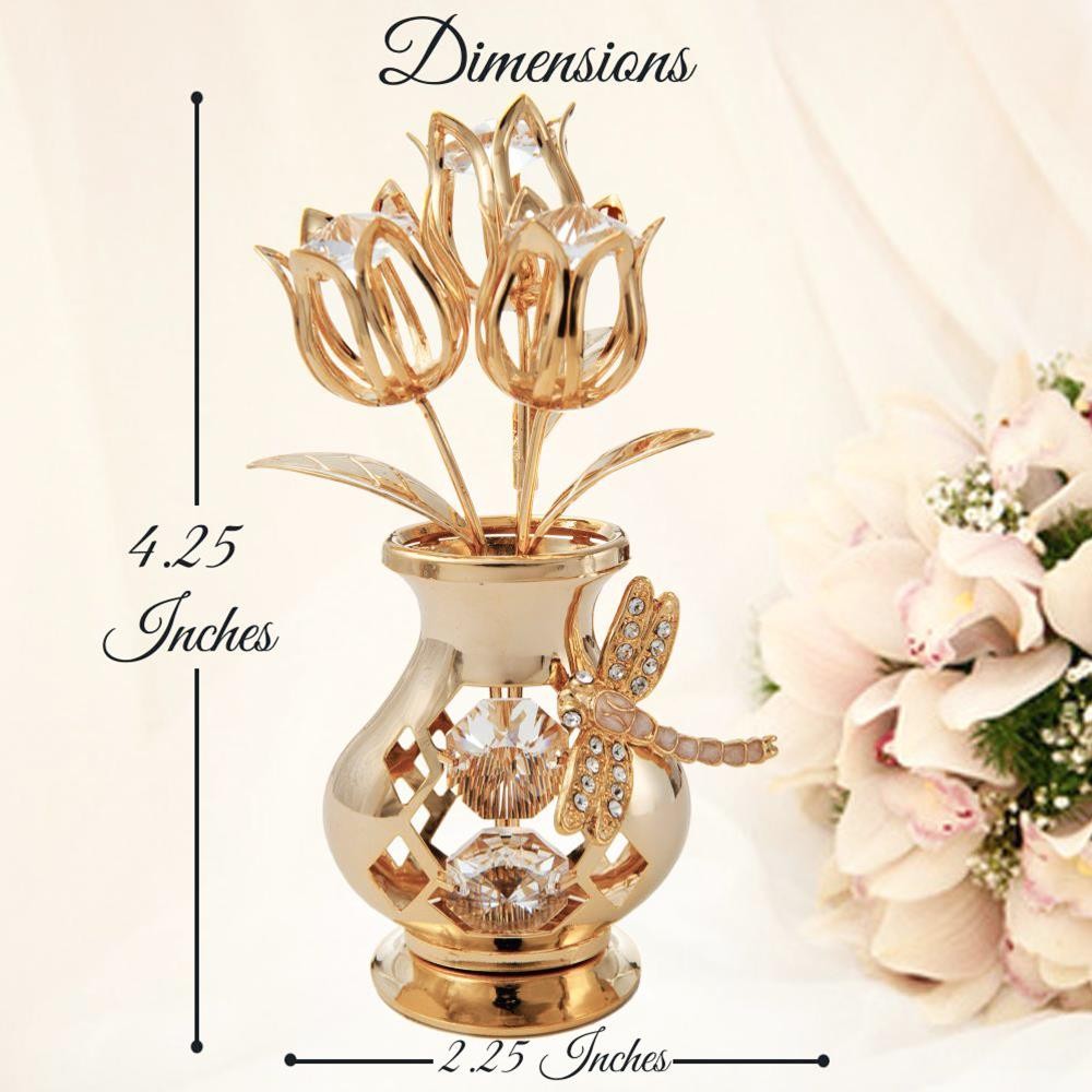 Matashi 24K Gold Plated Flower Vase w/ Crystal Studded Dragonfly Bouquet